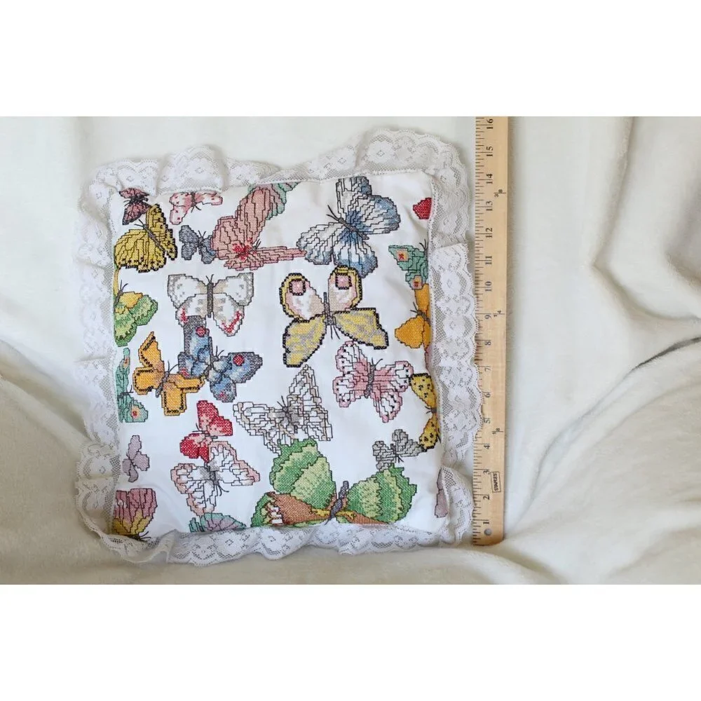 Handmade Butterflies Needlepoint Pillow cross stitch Multicolor Lace edges